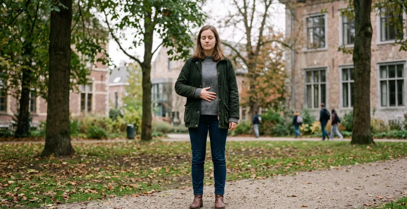 Étudiant debout dans un parc pratiquant un exercice de respiration consciente