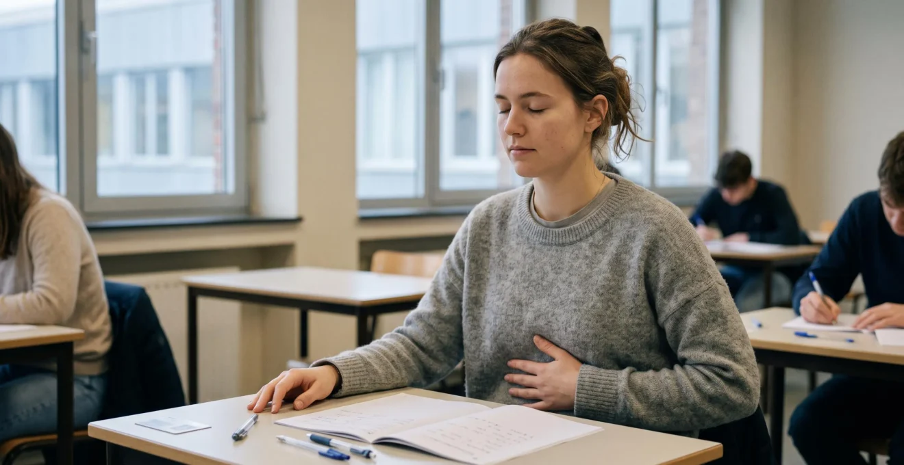 Étudiant universitaire assis à un bureau d'examen pratiquant une technique de respiration calmante