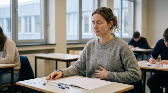 Étudiant universitaire assis à un bureau d'examen pratiquant une technique de respiration calmante