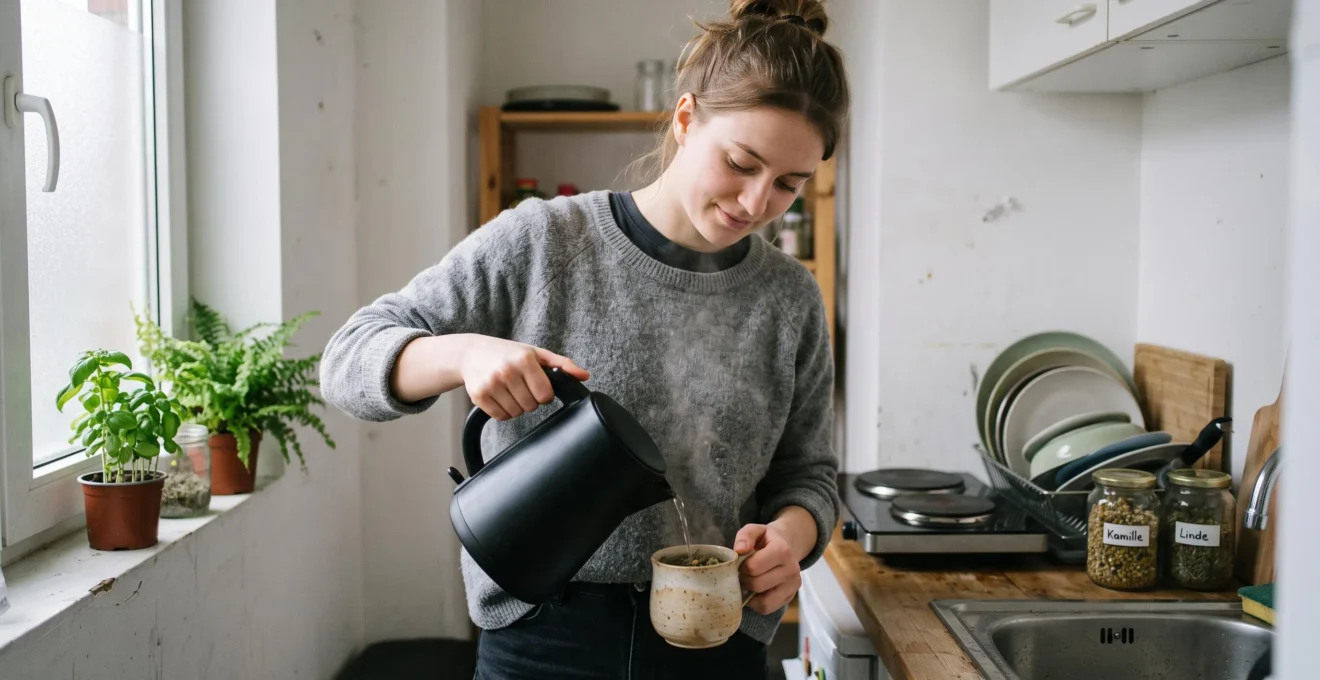 Étudiant préparant une infusion calmante dans une cuisine